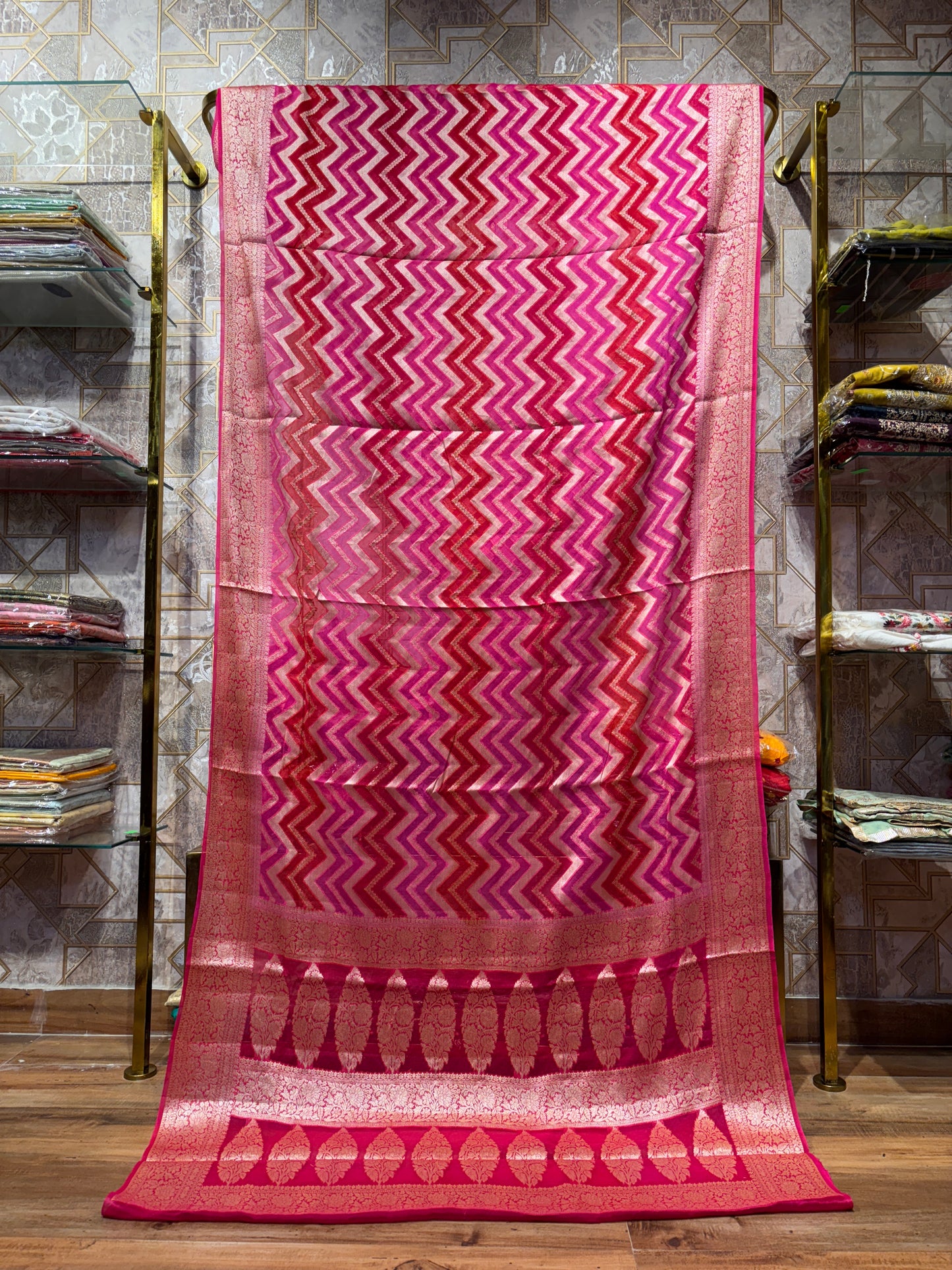 RED PURE KHADI GEORGETTE SHIFFON HAND BRUSH SAREE