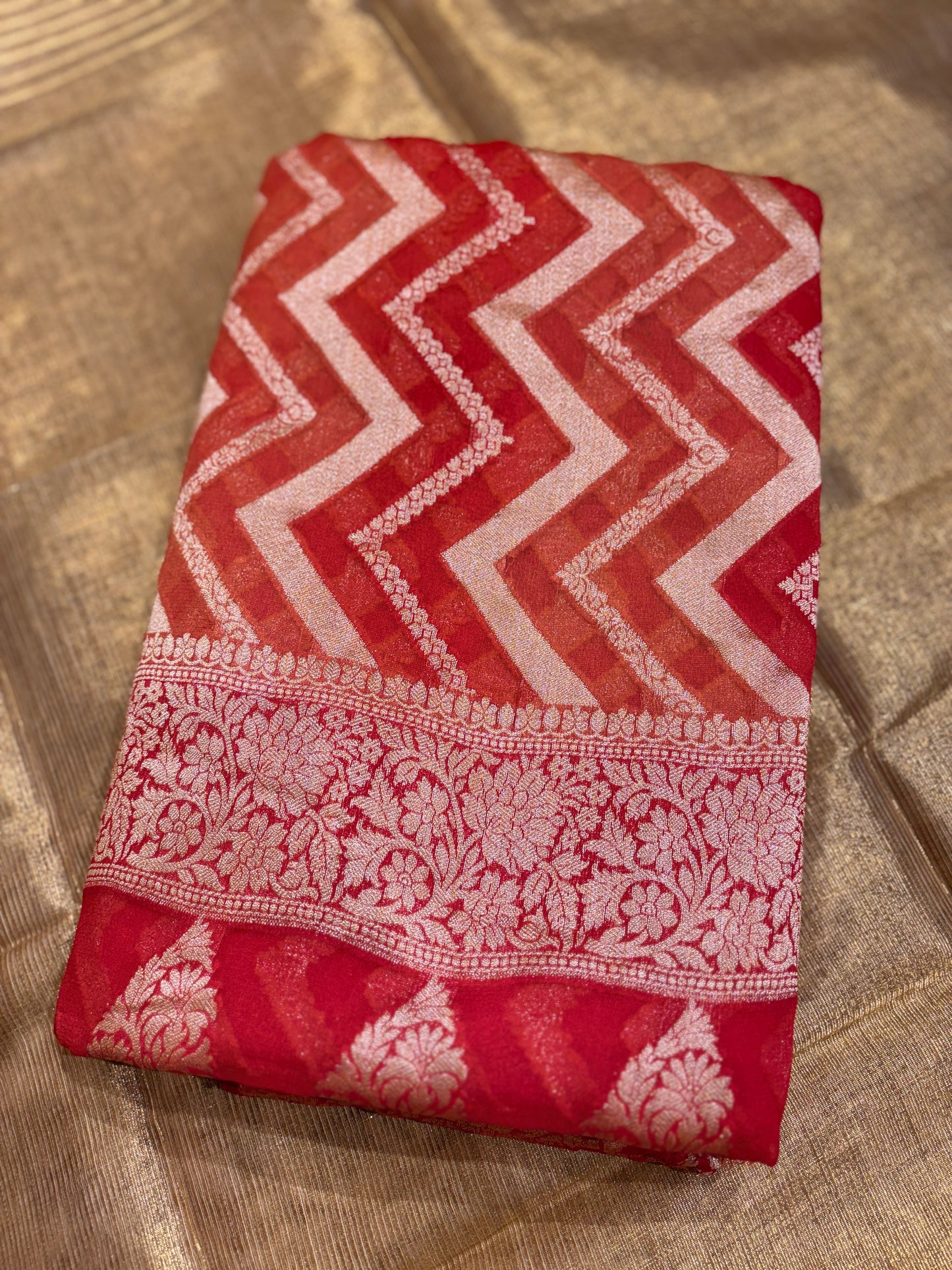 RED PURE KHADI GEORGETTE SHIFFON HAND BRUSH SAREE