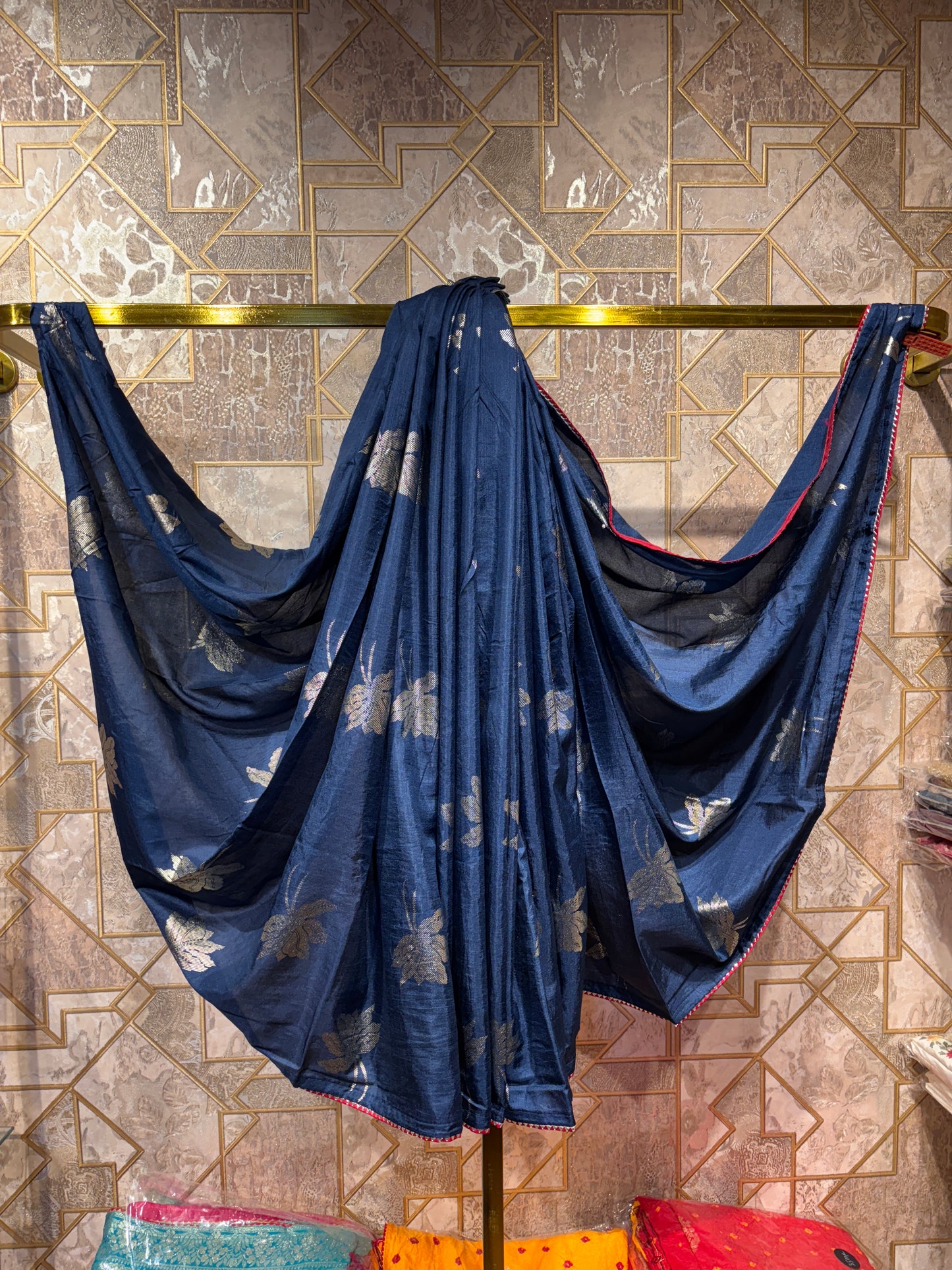 NAVY BLUE SEMI SILK SAREE WITH RED BLOUSE