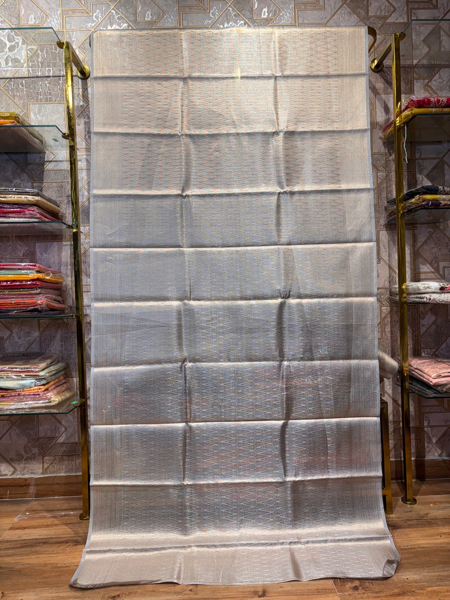 SILVER BANARASI TISSUE SAREE – LUXURIOUS SHEER ELEGANCE
