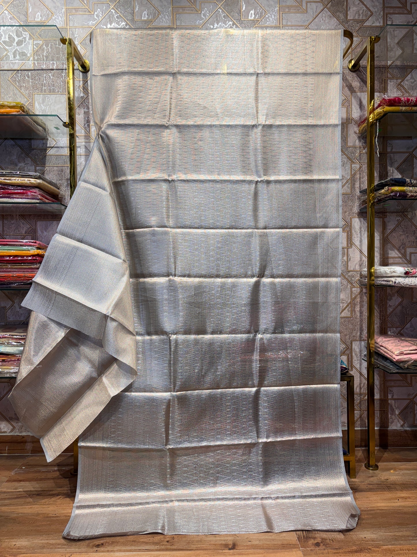 SILVER BANARASI TISSUE SAREE – LUXURIOUS SHEER ELEGANCE