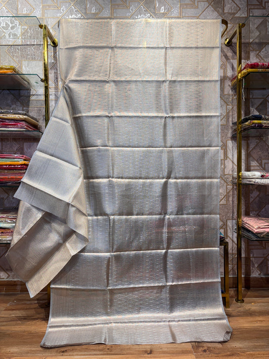 SILVER BANARASI TISSUE SAREE – LUXURIOUS SHEER ELEGANCE