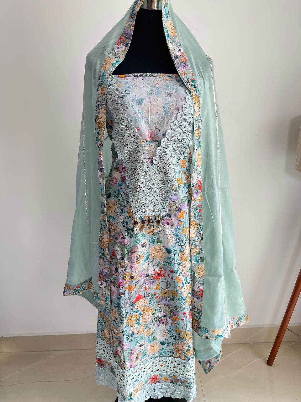 AQUA BLUE FLORAL COTTON SUIT WITH CROCHET LACE DETAILING