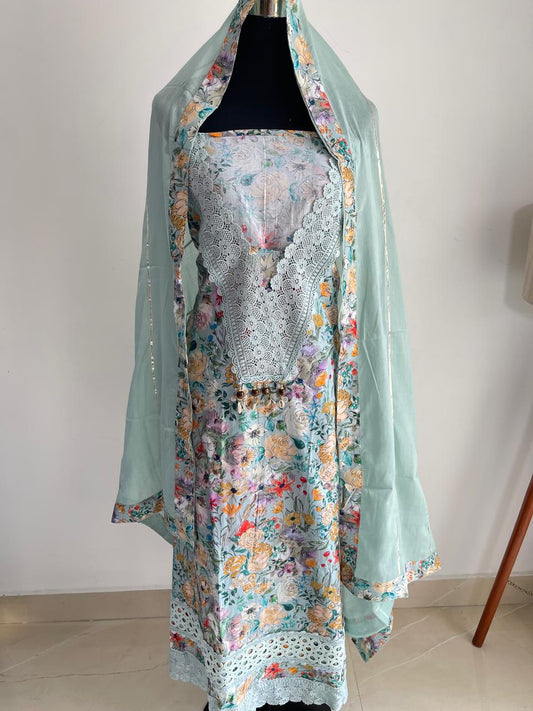 AQUA BLUE FLORAL COTTON SUIT WITH CROCHET LACE DETAILING