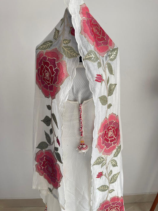 WHITE PURE MODAL SILK SUIT WITH FLORAL EMBROIDERED DUPATTA