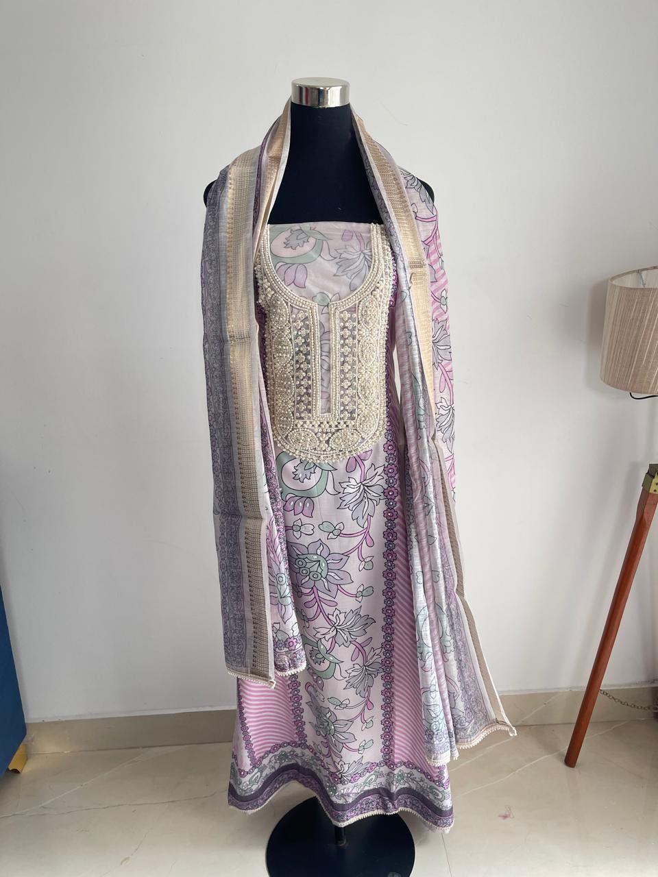 PASTEL PINK PRINTED COTTON SUIT WITH EMBROIDERED NECKLINE