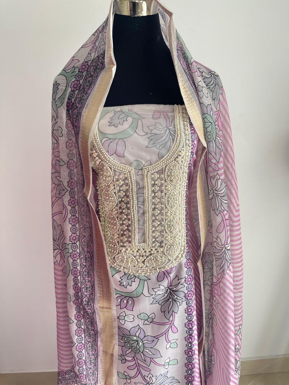 PASTEL PINK PRINTED COTTON SUIT WITH EMBROIDERED NECKLINE