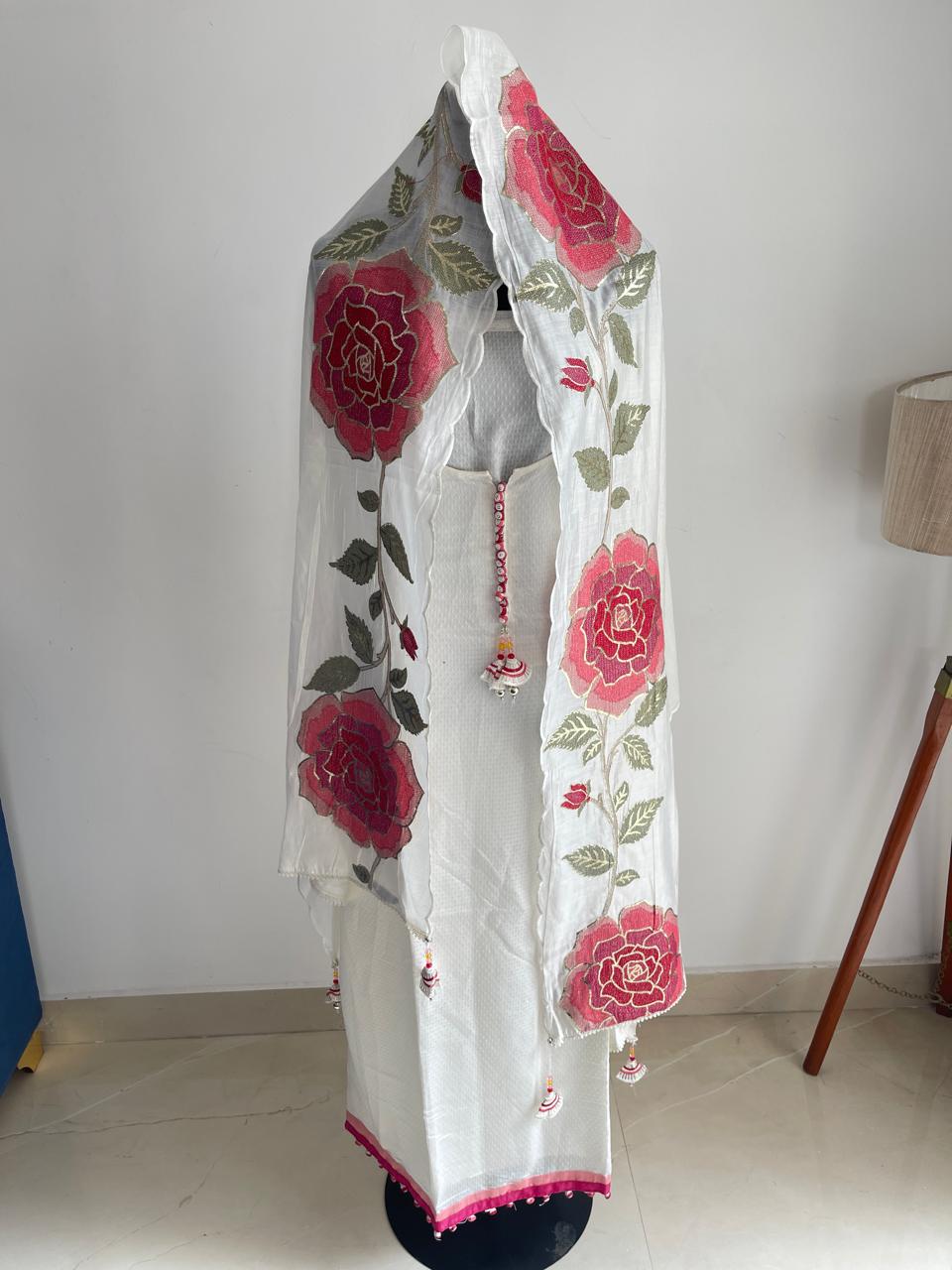 WHITE PURE MODAL SILK SUIT WITH FLORAL EMBROIDERED DUPATTA