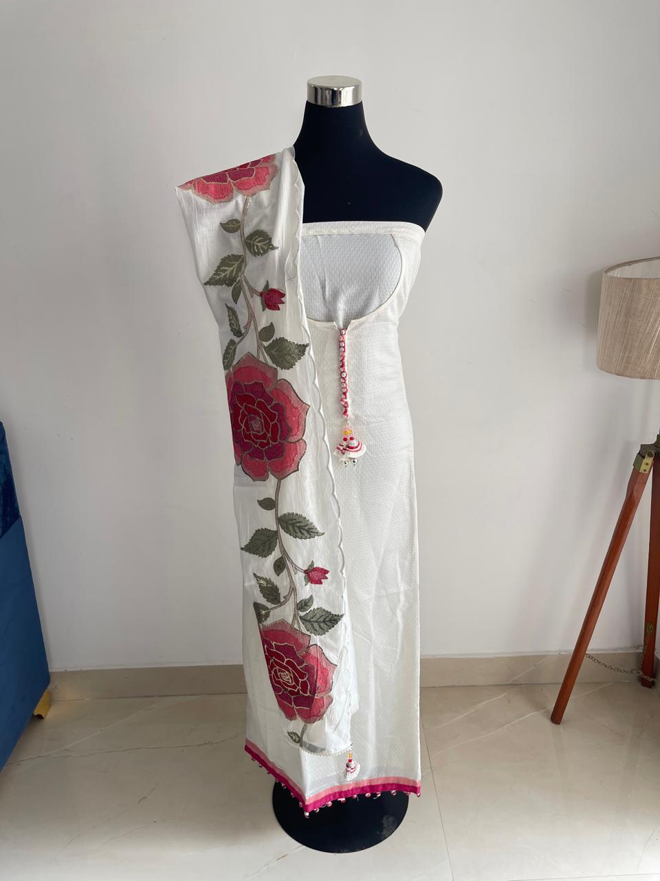 WHITE PURE MODAL SILK SUIT WITH FLORAL EMBROIDERED DUPATTA