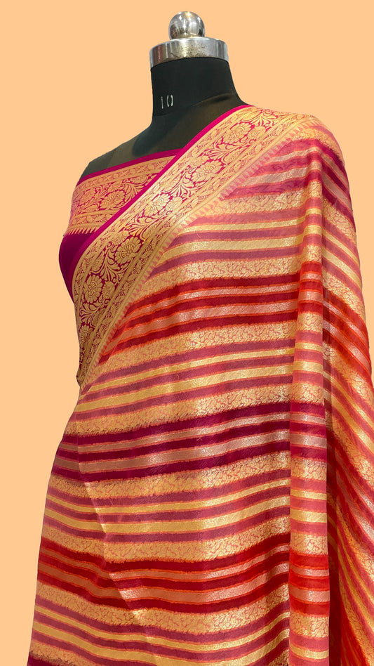 RED PURE KHADI GEORGETTE SHIFFON HAND BRUSH SAREE
