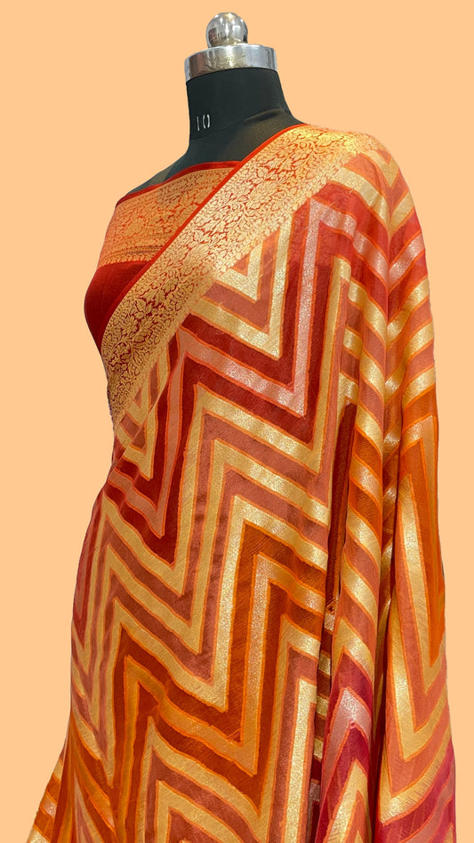 ORANGE PURE KHADI GEORGETTE SHIFFON HAND BRUSH SAREE